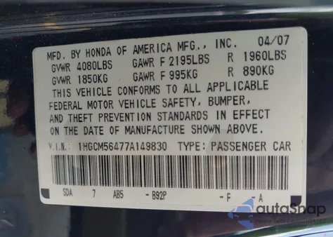 2007 Honda Accord 2.4 Lx из США, поврежденный, VIN 1HGCM56477A149830